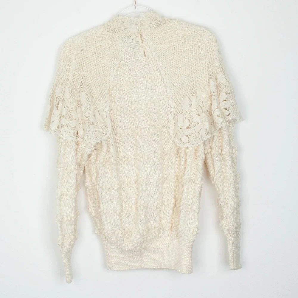 Catharine Lover‎ Womens Hand Knitted Victorian Style Wool Sweater Size L Ivory